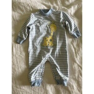 NWOT Bailey Boys KNIT ROMPER - GIRAFFE- 3M Baby Blue White Stripe MSRP $62